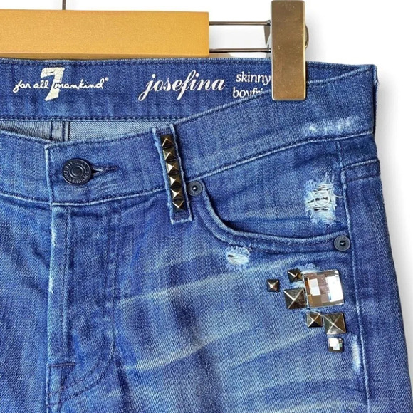 7 For All Mankind Josefina Skinny  Boyfriend Studded Distressed Blue Jeans 25 - Picture 9 of 14
